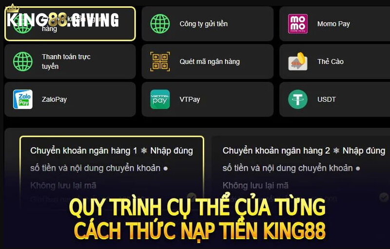 Đa dạng cách nạp tiền King88